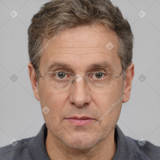 Joyful white middle-aged male with short  brown hair and brown eyes