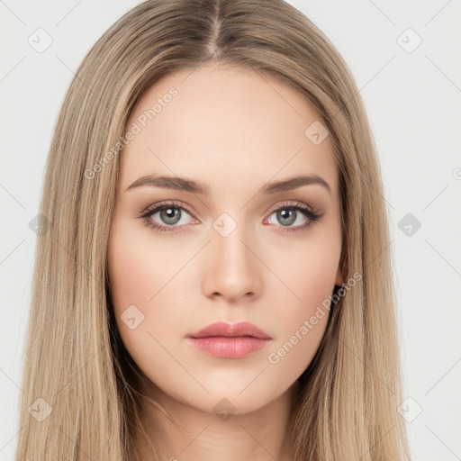 Neutral white young-adult female with long  brown hair and brown eyes