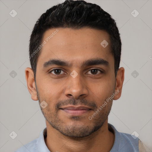 Neutral latino young-adult male with short  black hair and brown eyes