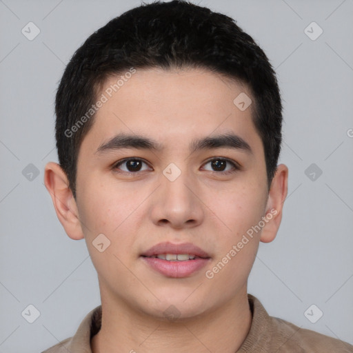 Joyful white young-adult male with short  black hair and brown eyes