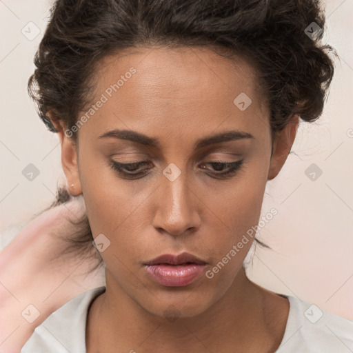 Neutral white young-adult female with short  brown hair and brown eyes