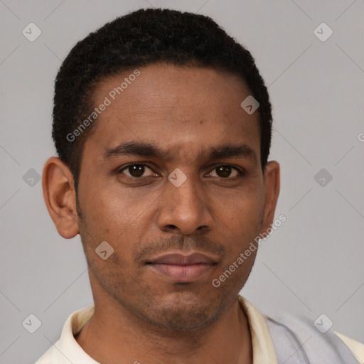 Neutral latino young-adult male with short  brown hair and brown eyes
