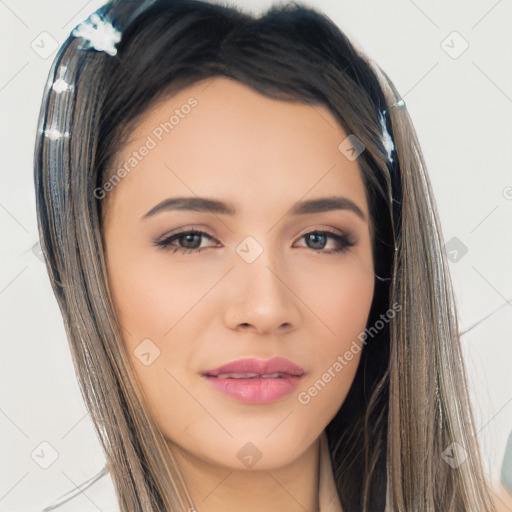 Joyful asian young-adult female with long  brown hair and brown eyes