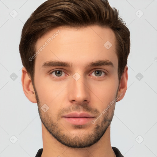 Neutral white young-adult male with short  brown hair and brown eyes