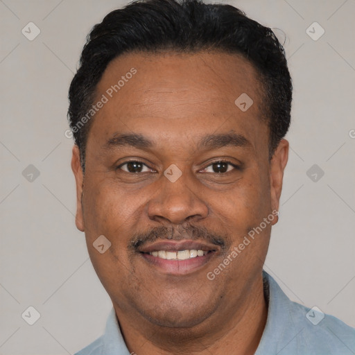 Joyful latino adult male with short  black hair and brown eyes