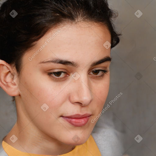 Neutral white young-adult female with short  brown hair and brown eyes