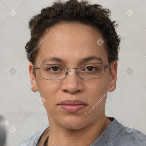 Joyful white adult female with short  brown hair and brown eyes