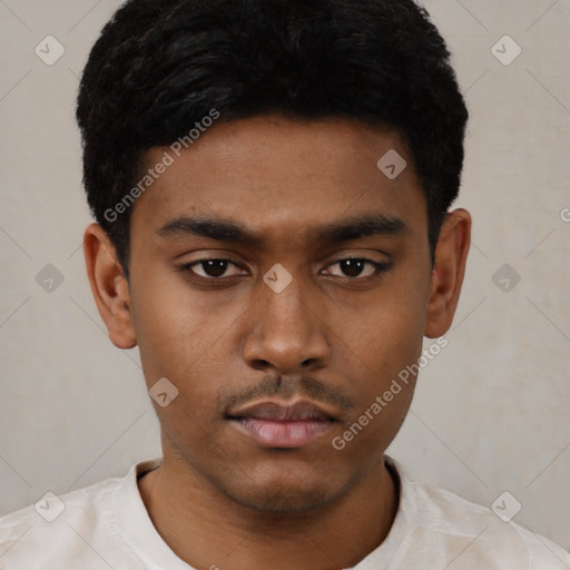 Neutral latino young-adult male with short  black hair and brown eyes