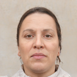 Neutral white adult female with short  brown hair and brown eyes