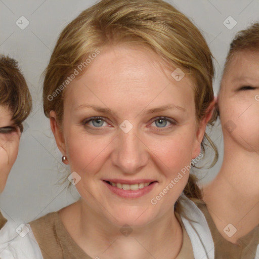 Joyful white young-adult female with medium  brown hair and blue eyes