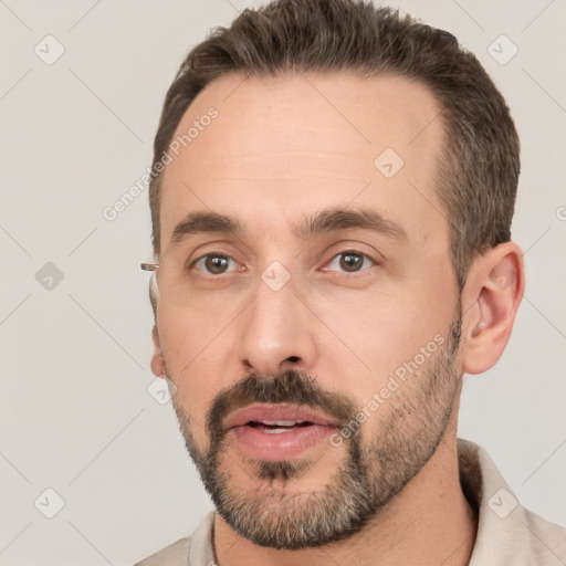 Neutral white young-adult male with short  brown hair and brown eyes