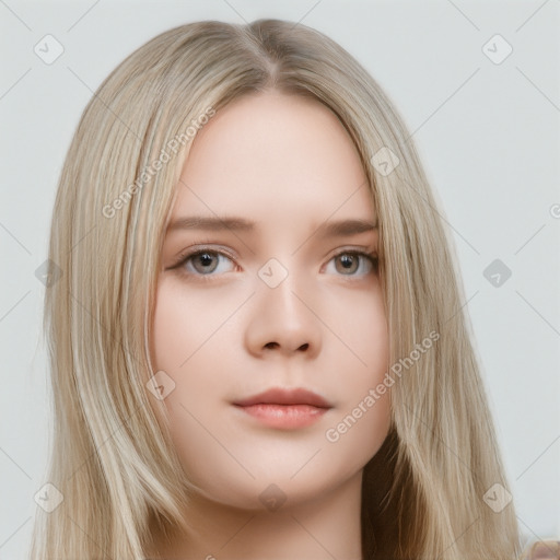 Neutral white young-adult female with long  brown hair and brown eyes