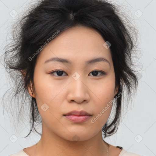 Neutral asian young-adult female with medium  black hair and brown eyes