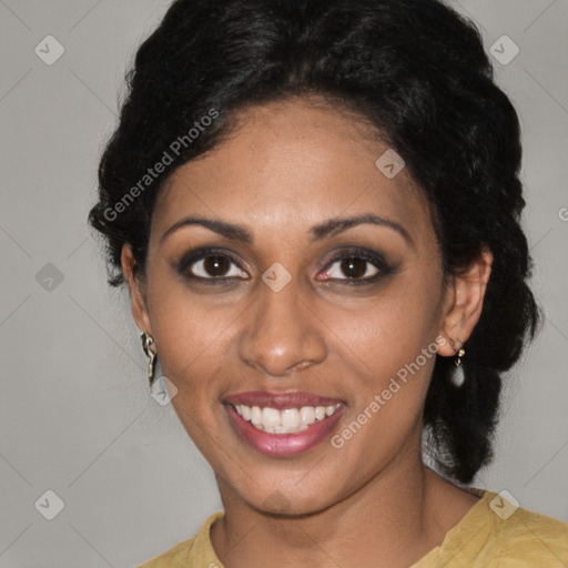 Joyful latino young-adult female with medium  black hair and brown eyes