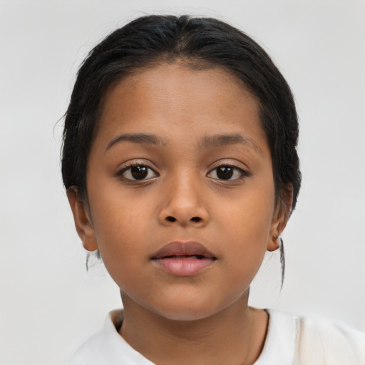 Neutral latino child female with medium  brown hair and brown eyes