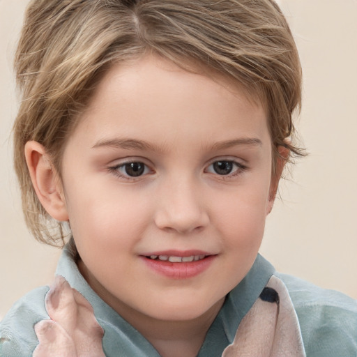 Joyful white child female with medium  brown hair and grey eyes