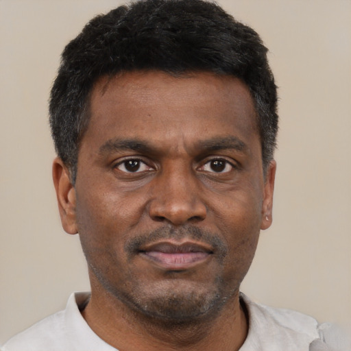 Neutral black adult male with short  brown hair and brown eyes