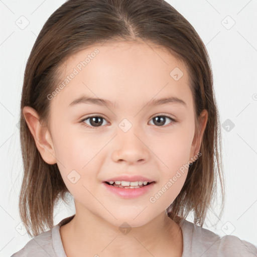 Joyful white child female with medium  brown hair and brown eyes