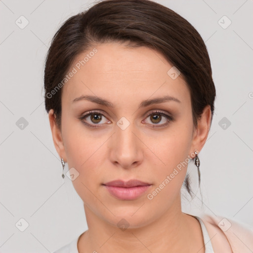 Neutral white young-adult female with short  brown hair and brown eyes