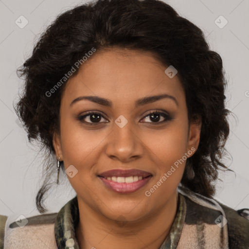 Joyful black young-adult female with medium  brown hair and brown eyes