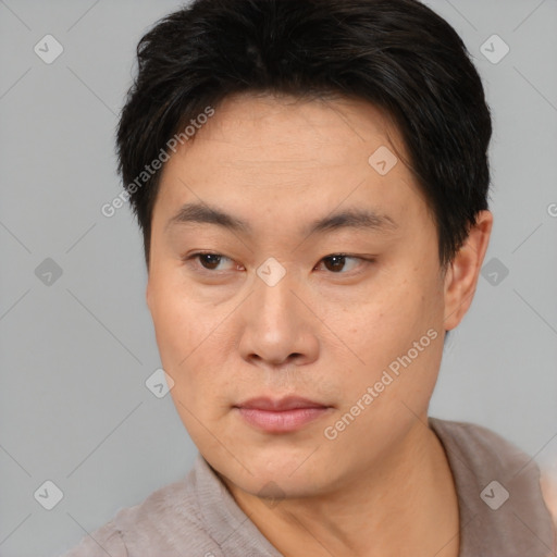 Neutral asian young-adult male with short  black hair and brown eyes