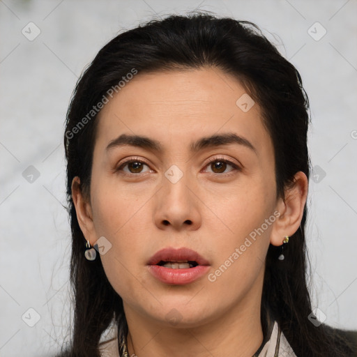 Neutral asian young-adult female with medium  brown hair and brown eyes