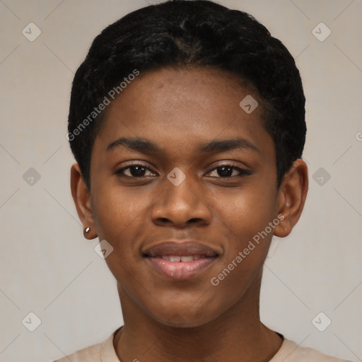 Joyful black young-adult female with short  black hair and brown eyes