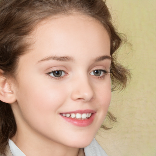 Joyful white child female with medium  brown hair and brown eyes