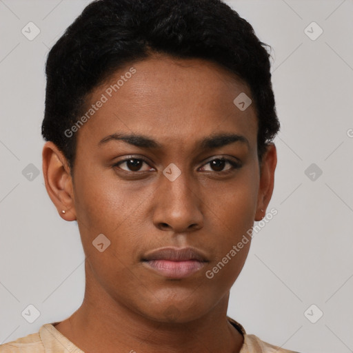 Neutral latino young-adult female with short  brown hair and brown eyes