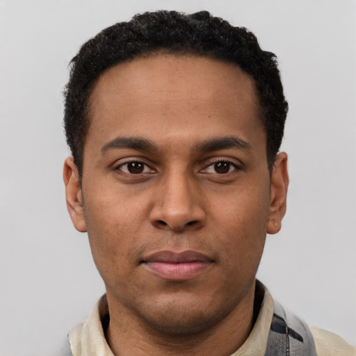 Neutral latino young-adult male with short  brown hair and brown eyes