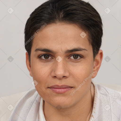 Joyful white young-adult female with short  brown hair and brown eyes