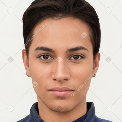 Neutral white young-adult male with short  brown hair and brown eyes