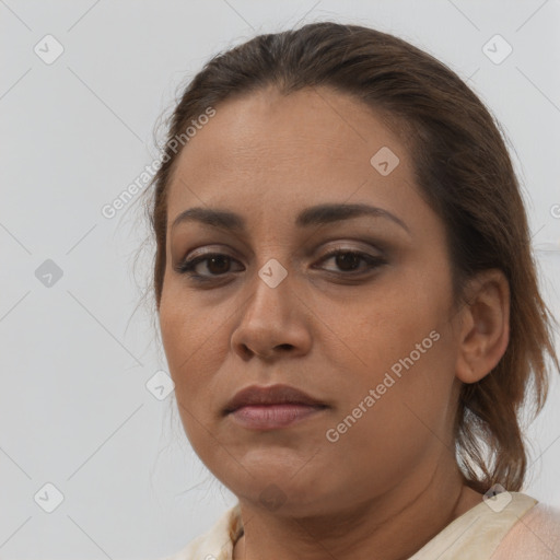 Neutral white young-adult female with medium  brown hair and brown eyes