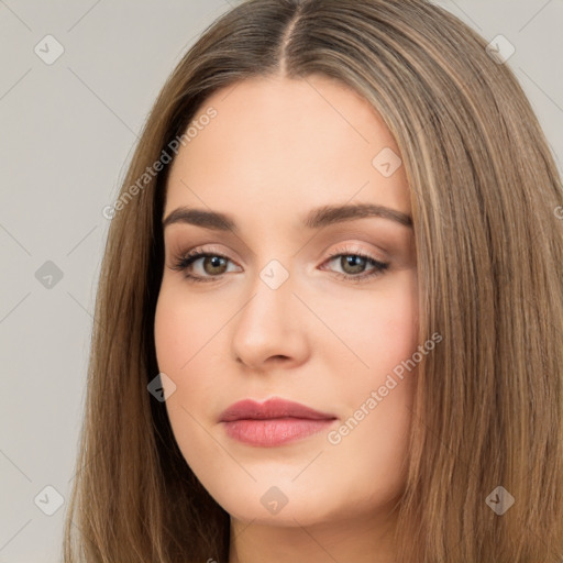 Neutral white young-adult female with long  brown hair and brown eyes