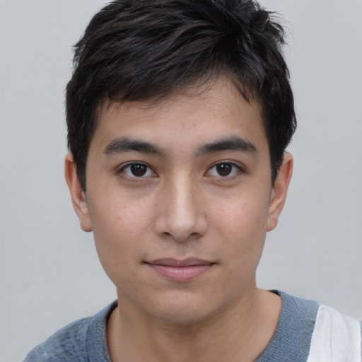Neutral white young-adult male with short  black hair and brown eyes