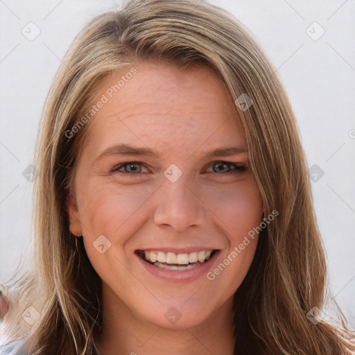 Joyful white young-adult female with long  brown hair and grey eyes