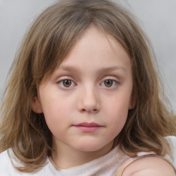 Neutral white child female with medium  brown hair and blue eyes