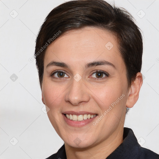 Joyful white young-adult female with short  brown hair and brown eyes