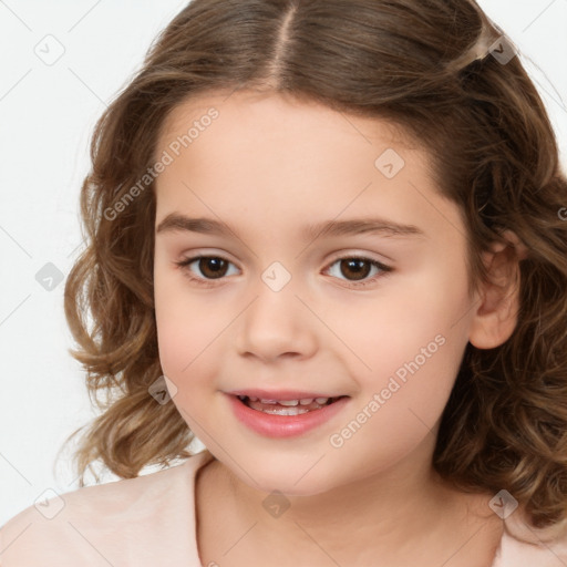 Joyful white child female with medium  brown hair and brown eyes