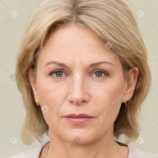 Joyful white adult female with medium  brown hair and grey eyes