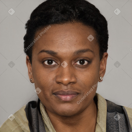 Neutral black young-adult female with short  black hair and brown eyes