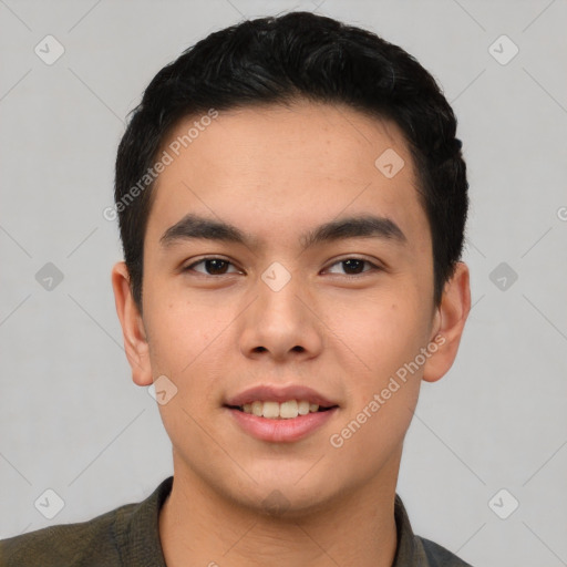 Joyful asian young-adult male with short  black hair and brown eyes