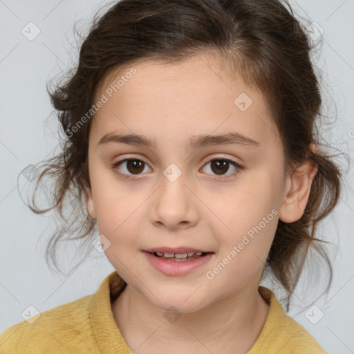 Joyful white child female with medium  brown hair and brown eyes