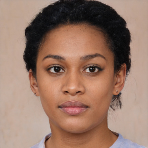 Neutral black young-adult female with short  brown hair and brown eyes