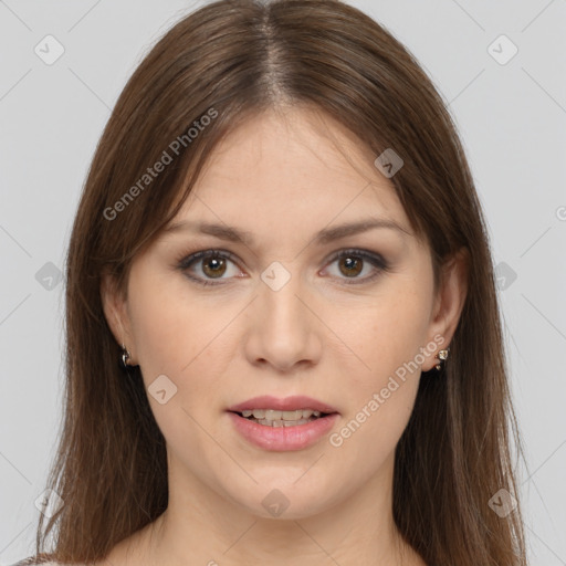 Joyful white young-adult female with long  brown hair and brown eyes