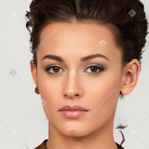 Neutral white young-adult female with short  brown hair and brown eyes