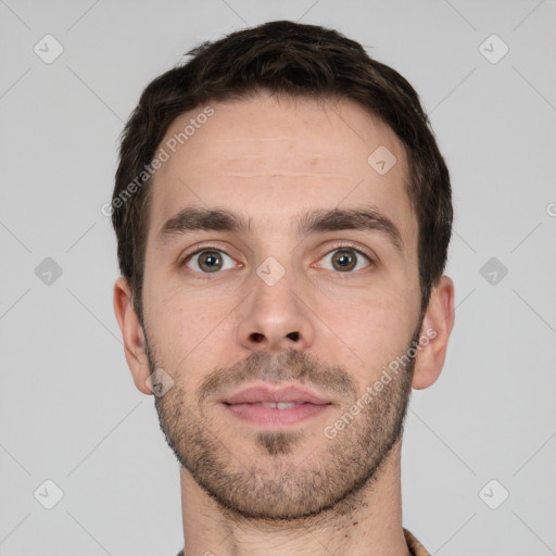 Neutral white young-adult male with short  brown hair and brown eyes