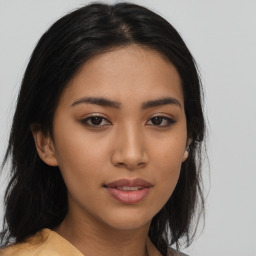 Neutral asian young-adult female with long  black hair and brown eyes