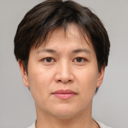 Neutral asian adult male with short  brown hair and brown eyes