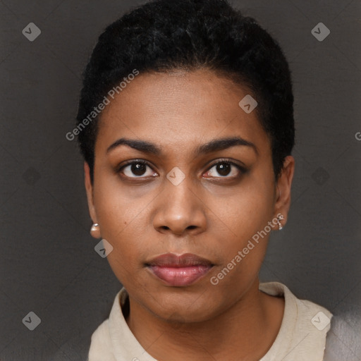 Neutral black young-adult female with short  black hair and brown eyes